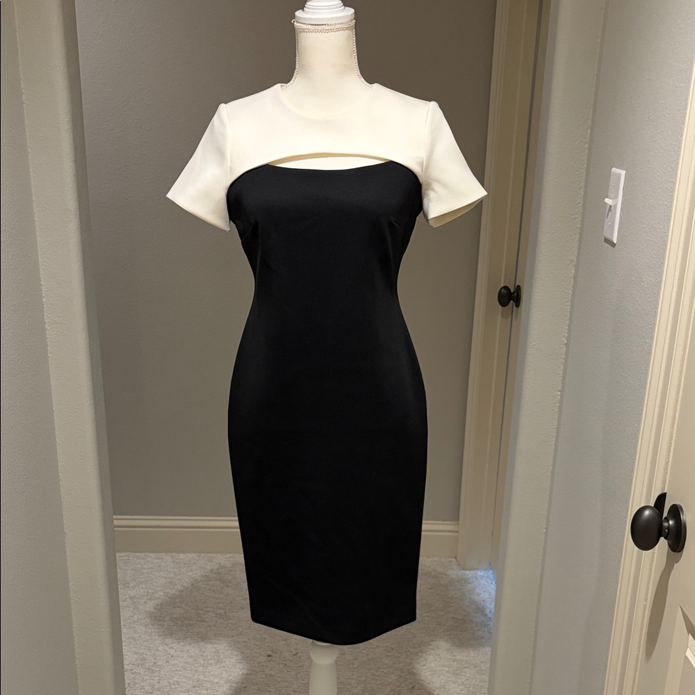 Calvin Klein Black and Cream Midi Sheath Dress